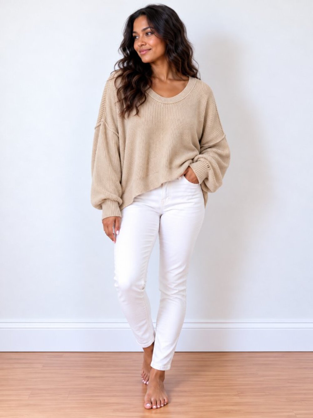 Aerie Beige Cotton Knit Sweater Scoop Neck Dropped Shoulder L